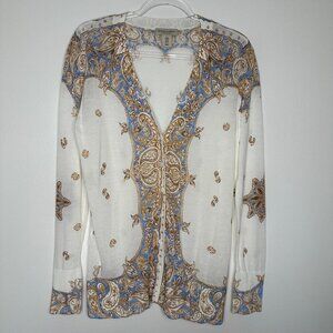 Martha Stewart Cardigan Sweater Size M Cream Blue Paisley